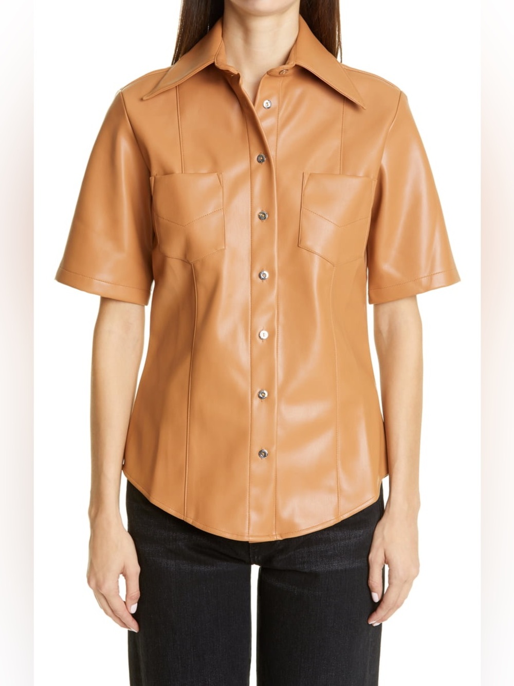 Simon Miller Bandera Vegan Faux Leather Short Sleeve Shirt in Toffee NWT